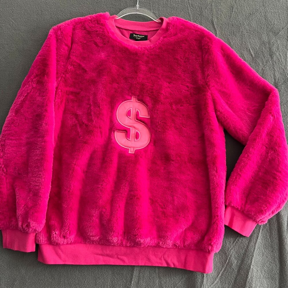 JUICY COUTURE BLACK LABEL sz L 💲HOT Pink Dollar Sign 💲 Furry Pullover 💲